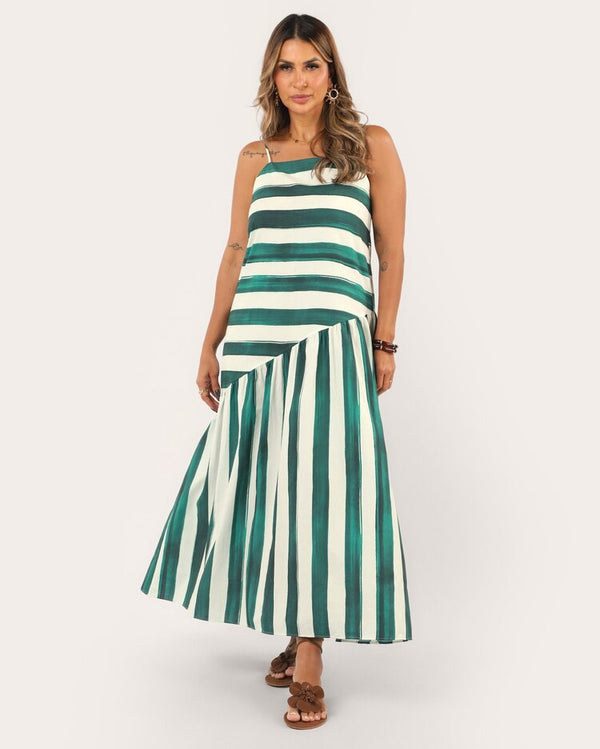 Green asymmetrical striped flared midi dress