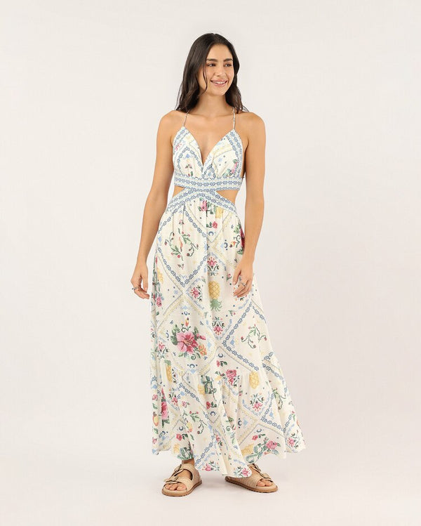 Long floral dress with a halter neck and cross stitch pattern