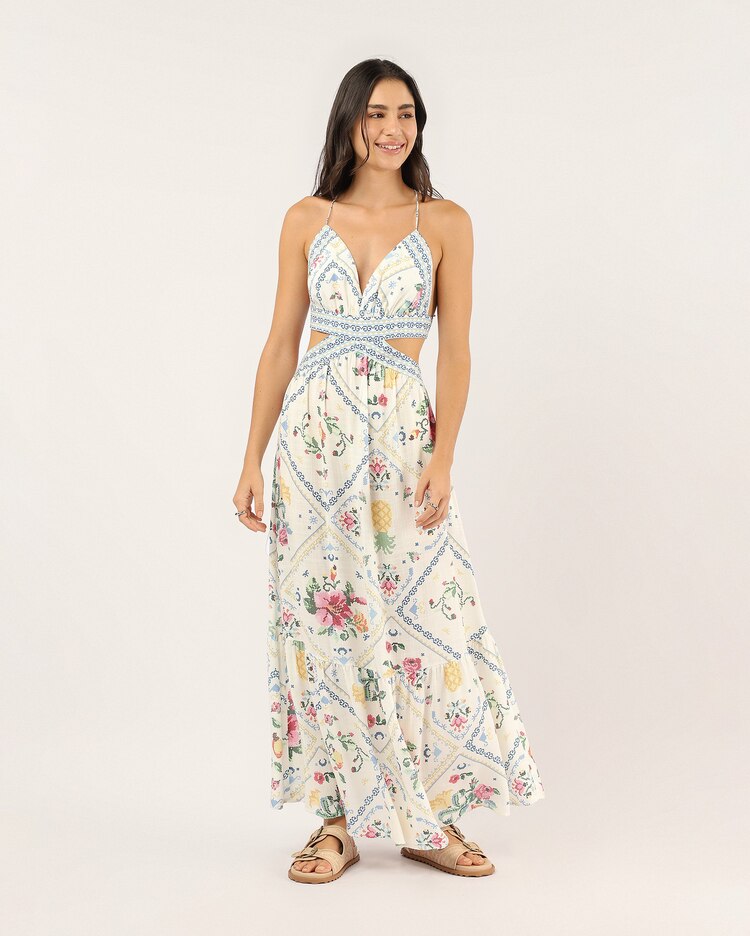 Long floral dress with a halter neck and cross stitch pattern