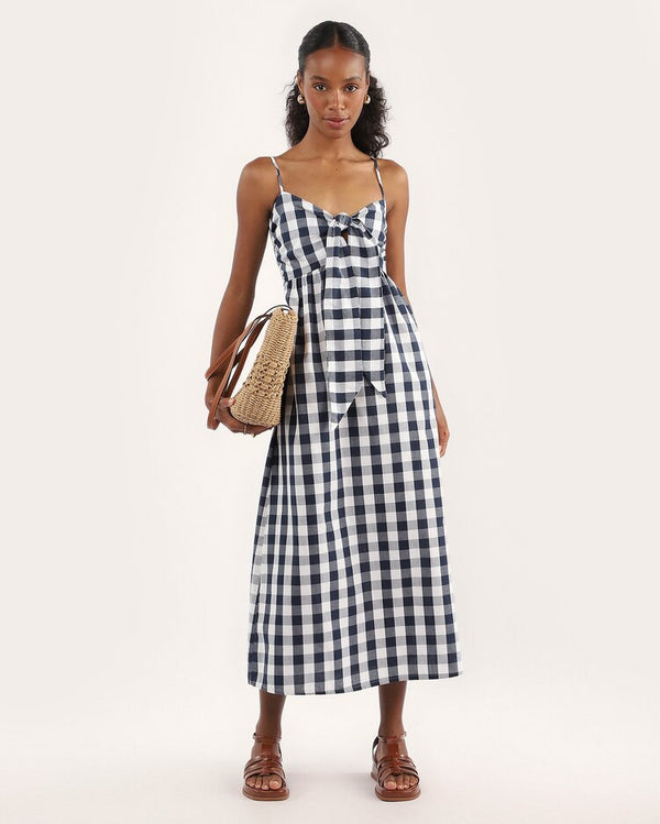 Vichy plaid midi dress with multicolor knot