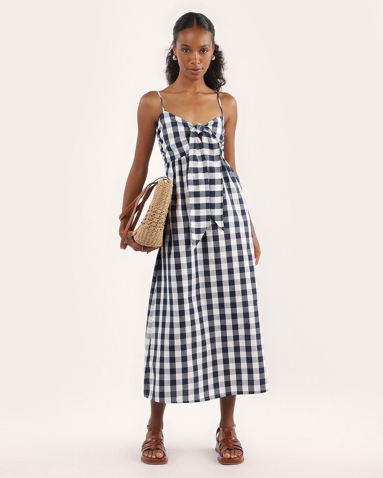 Vichy plaid midi dress with multicolor knot