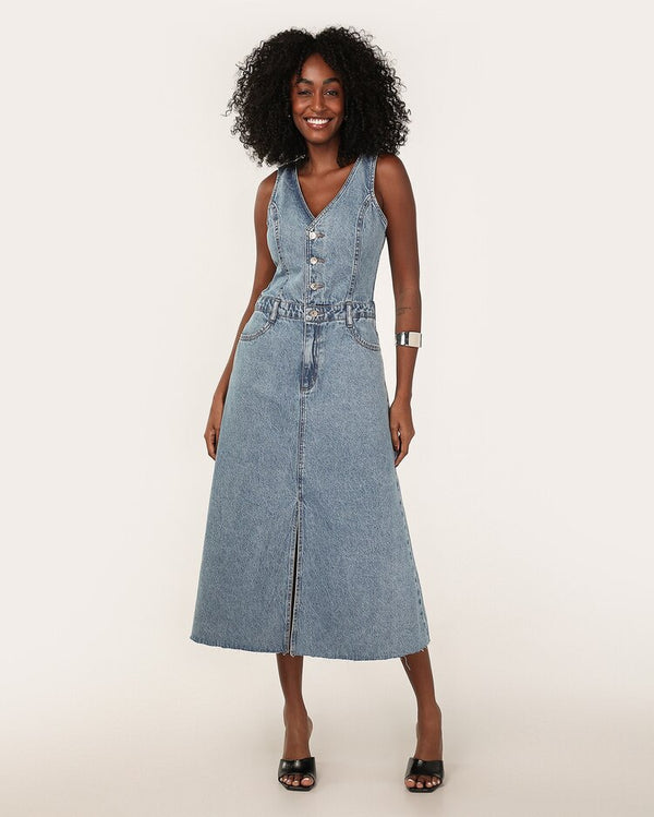 Flared midi denim dress with medium denim slit