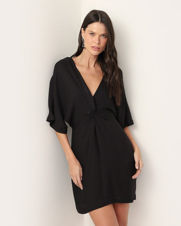 Short viscose dress with a v-neckline and knot -