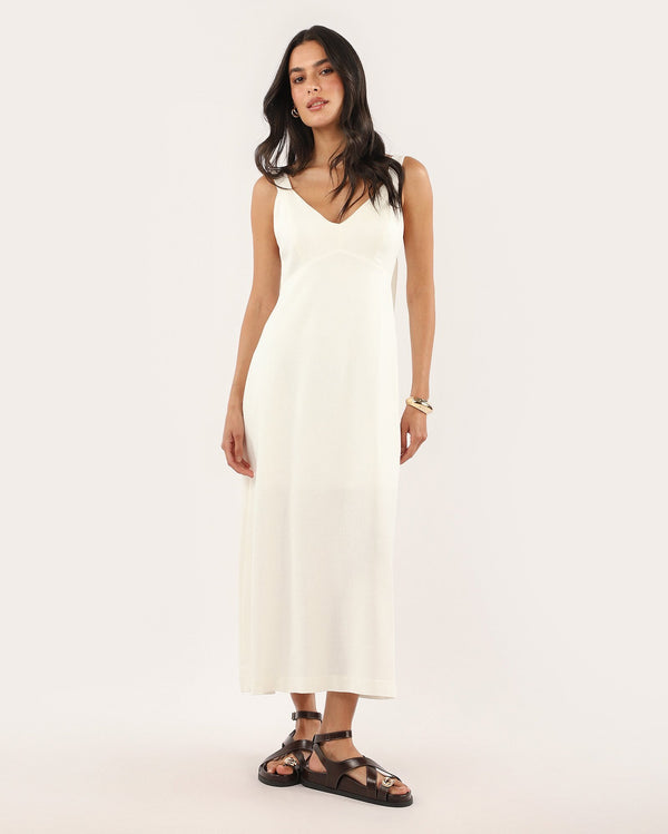 Flared midi dress with viscose v-neckline - white