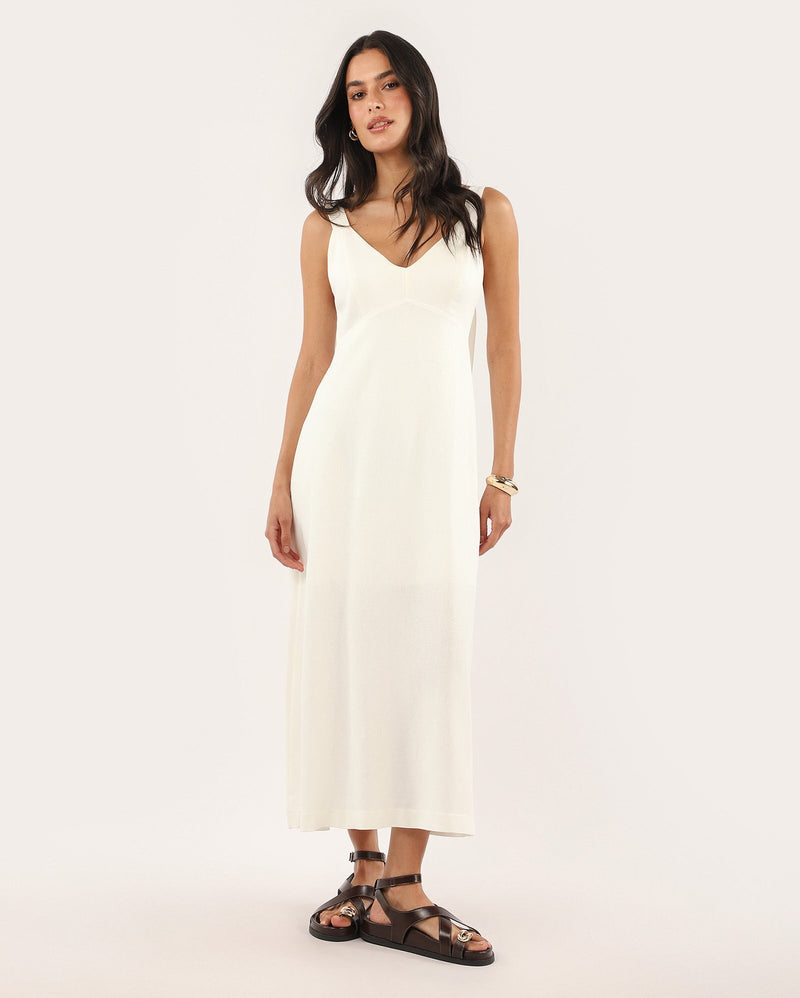 Flared midi dress with viscose v-neckline - white